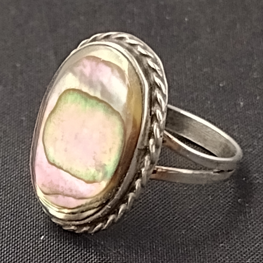 Vintage Abalone Taxco .0925 Sterling Silver Ring Signed CEL Size 7